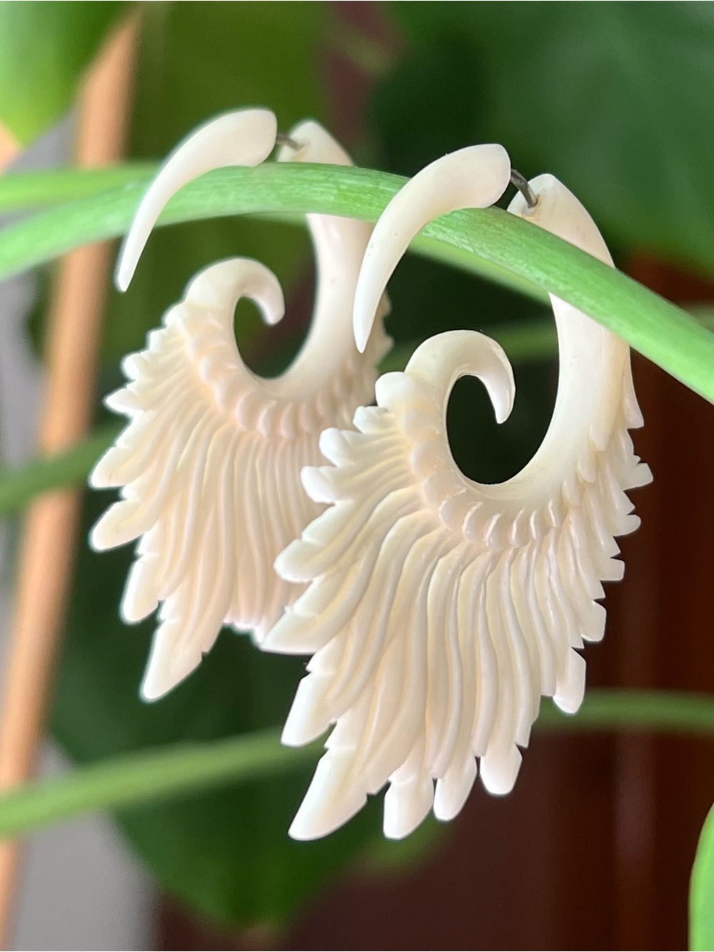 Bone Carved Faux Gauge Feather Earrings